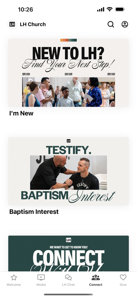 Lighthouse Church App - The connect screen of the Lighthouse Church App showing sections for new members and baptism interest.