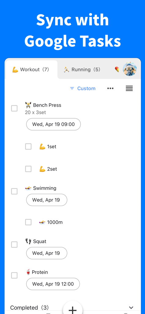 Interfaz de la aplicación ToDo for Google que muestra una lista de tareas de entrenamiento sincronizada con Google Tasks