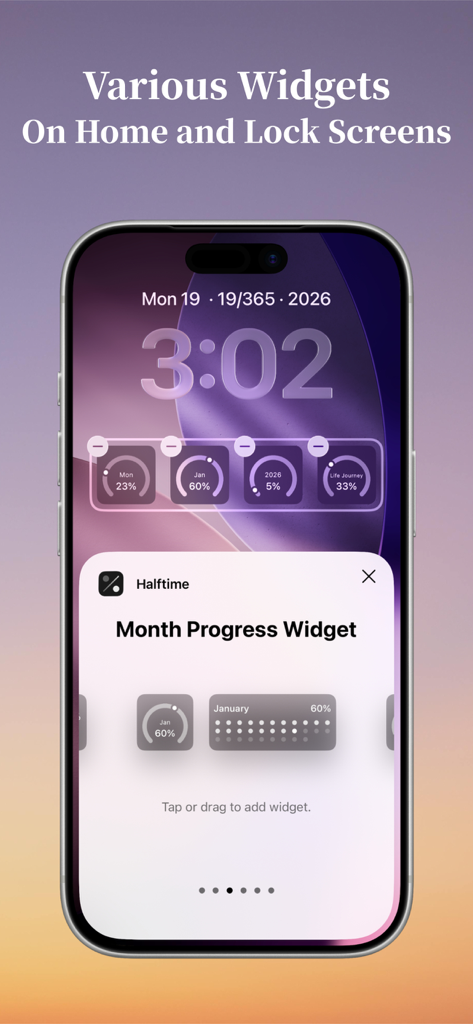 Halftime - Visual Time Tracker - Halftime 앱 시간 추적 위젯이 iPhone 잠금 화면에 일, 월, 연간 진행 상황을 보여줍니다.