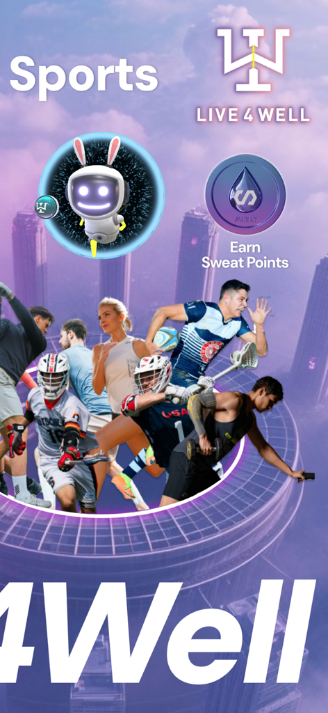 Live4well - Captura de tela do aplicativo Live4well mostrando atividades esportivas e recompensas de pontos de suor em um metaverso de bem-estar