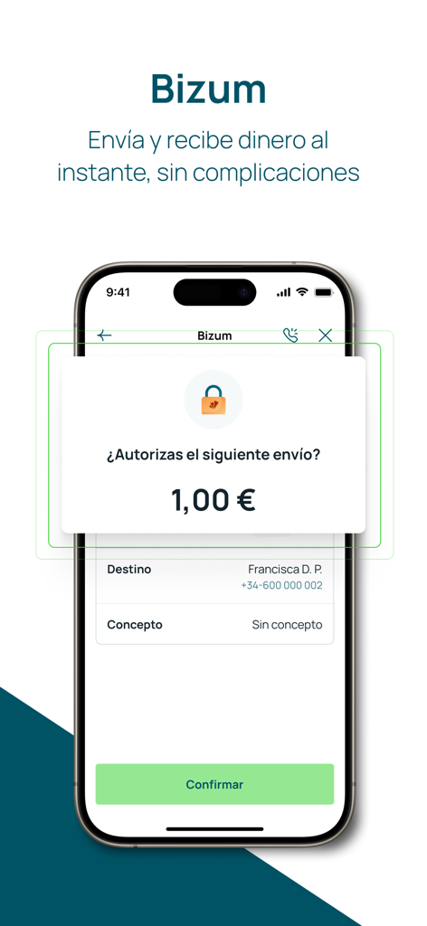 Interfaz de la aplicación bancaria Unicaja que muestra una autorización de transferencia de dinero Bizum en un smartphone