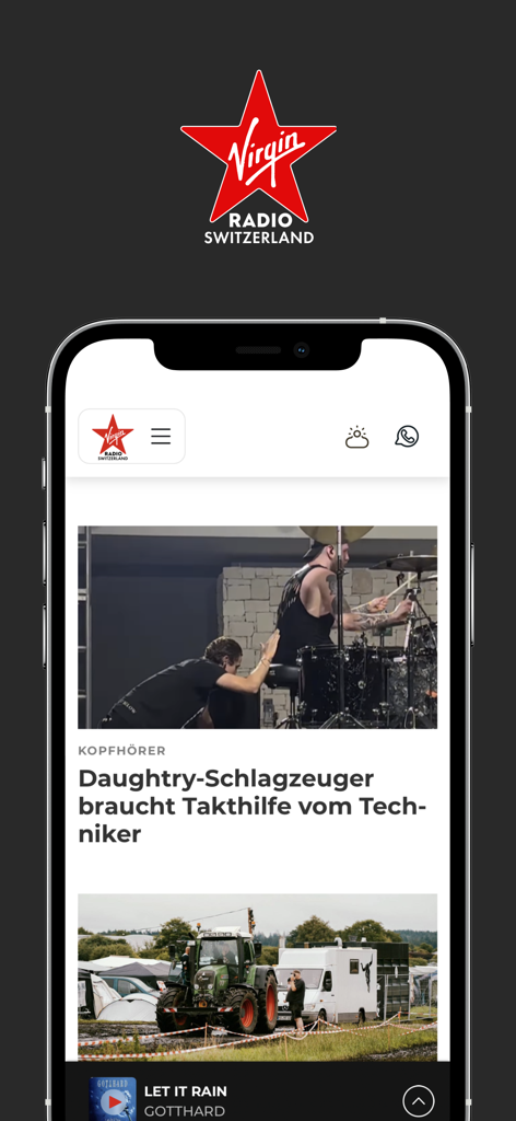Smartphone displaying the Virgin Radio Switzerland app news feed and music player