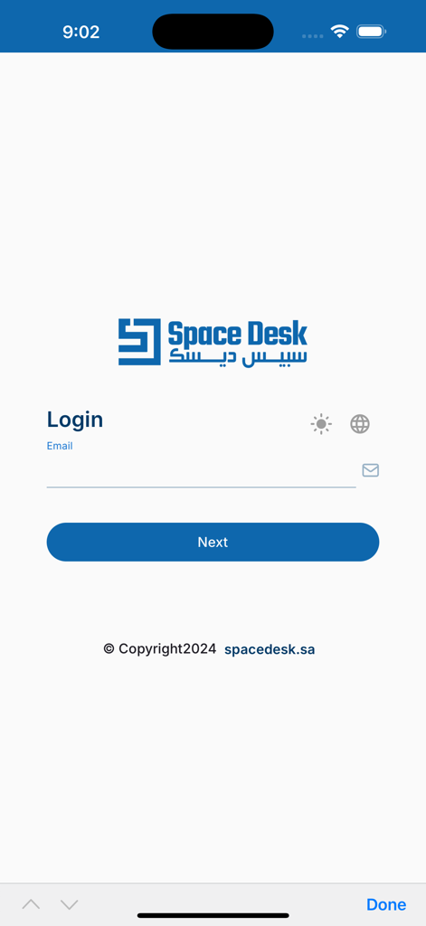 SpaceDesk App - Pantalla de inicio de sesión de la aplicación de productividad SpaceDesk que muestra un campo de entrada de correo electrónico y un botón azul Siguiente.
