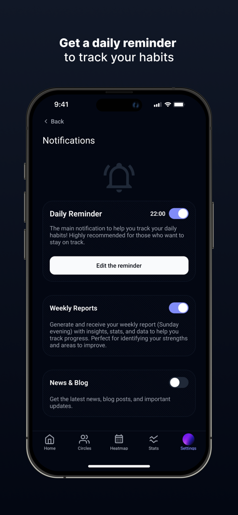 Ascend - Habit Tracker - Ascend app notification settings screen showing options for daily reminders and weekly progress reports.
