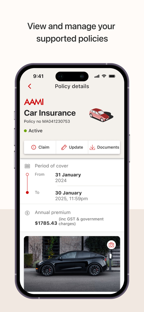 AAMI App interface displaying car insurance policy details including coverage dates and annual premium