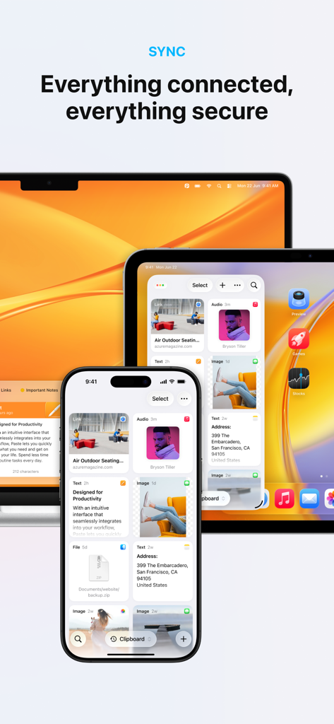 Paste – Limitless Clipboard - The Paste app showing clipboard history synchronized across a Mac, iPhone, and iPad.
