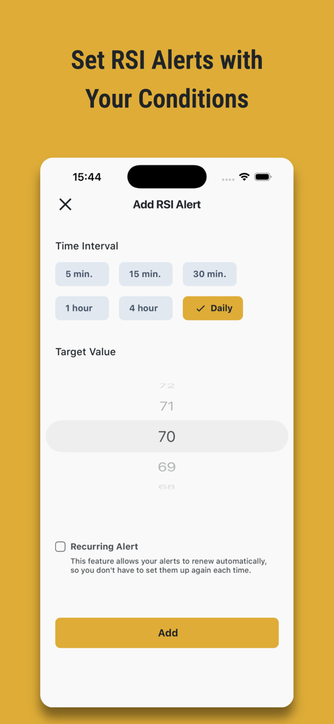 Pantalla de configuración para alertas RSI personalizadas en la aplicación de trading de criptomonedas Coinim.