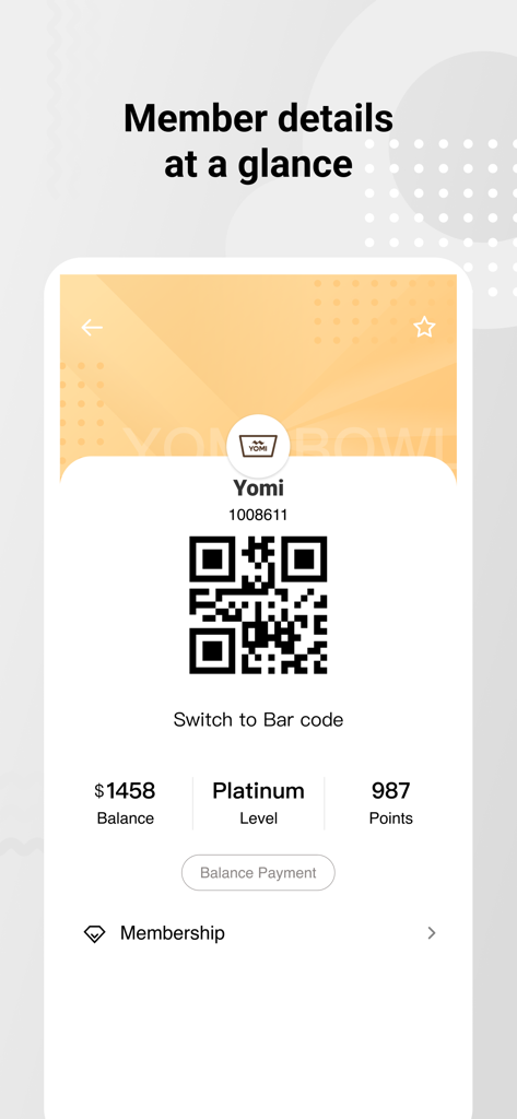 Yomi app membership screen with QR code and points balance