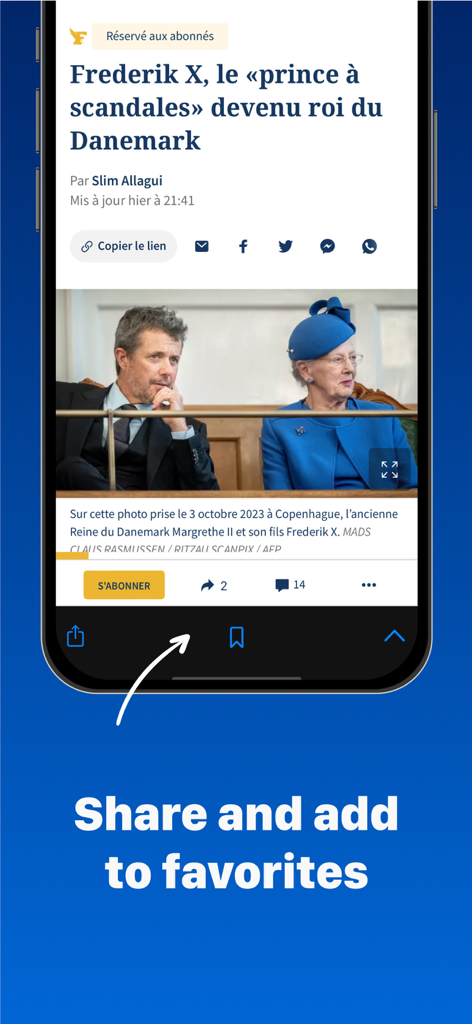 French Newspapers - Interfaz de la aplicación Periódicos franceses que muestra la función de compartir y añadir a favoritos