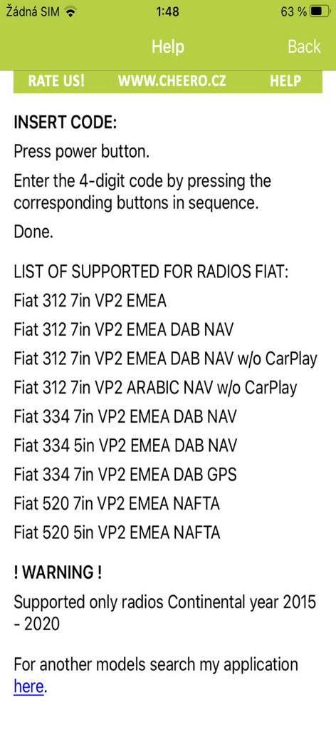 Help screen showing instructions for entering a Fiat radio code and a list of supported models like Fiat 312 and 520