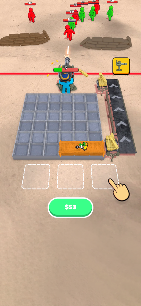 Ammo Fever: Tower Gun Defense - Gameplay of Ammo Fever showing a stickman character defending a base with a machine gun and merging ammo boxes