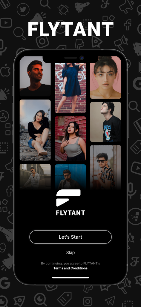 Flytant App Splashscreen, der ein Raster von Influencer-Fotos und eine Start-Schaltfläche anzeigt