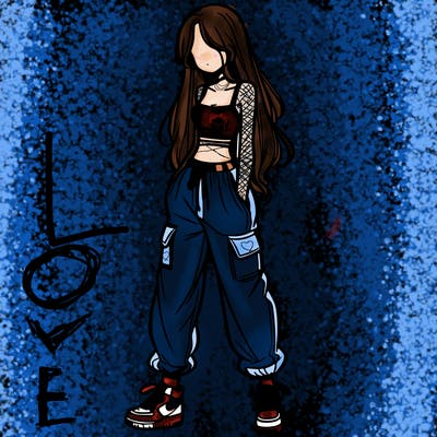 girl in baggy pants crop top and long hair