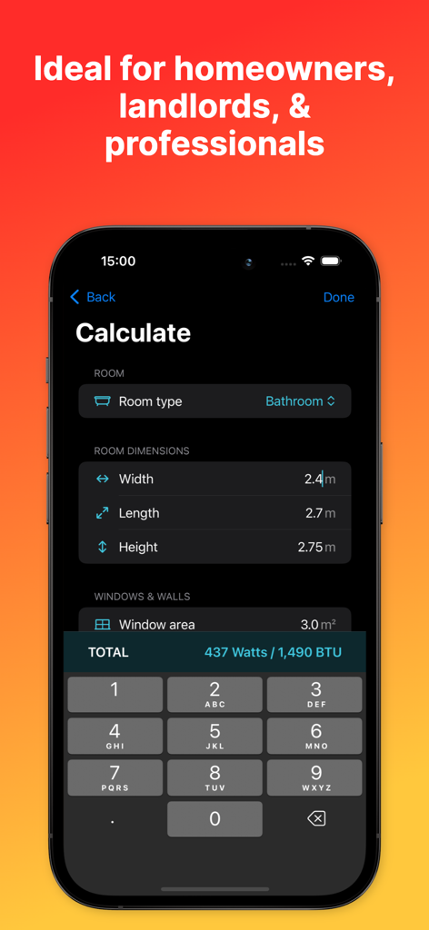 Radiator Calculator Pro interface showing room dimensions input and calculated heating requirements in Watts and BTU