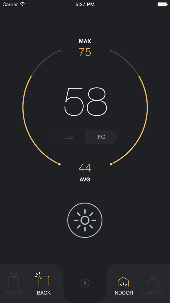 Interface da aplicação Medidor de Luz exibindo valores de lux em tempo real com dados máximos e médios.