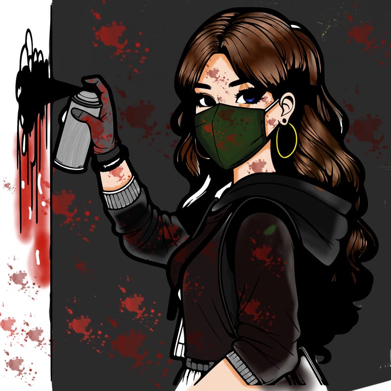 realistic girl with mask spray painting a wall