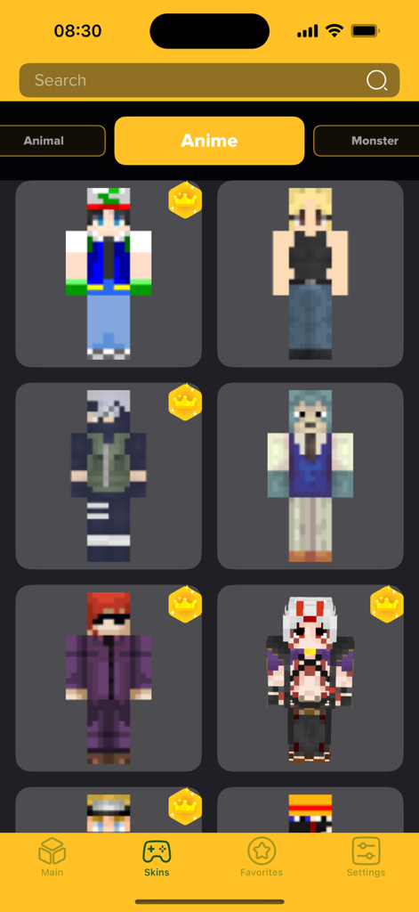 Nova Skins for MCPE - Minecraft用Nova Skinsのアニメスキンカテゴリ画面。