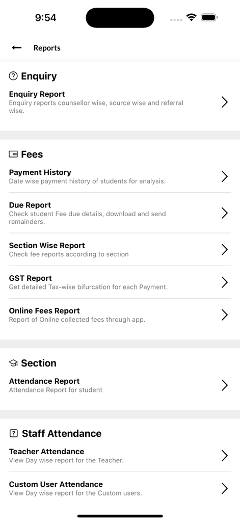 Proctur-Class Management App - Proctur app reports dashboard showing enquiry fees and attendance tracking options.