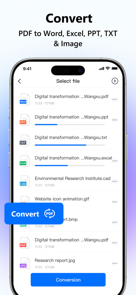 LightPDF: AI Chat PDF, Scanner - Interface of LightPDF app showing progress of converting PDF files to Word, Excel, and PowerPoint formats