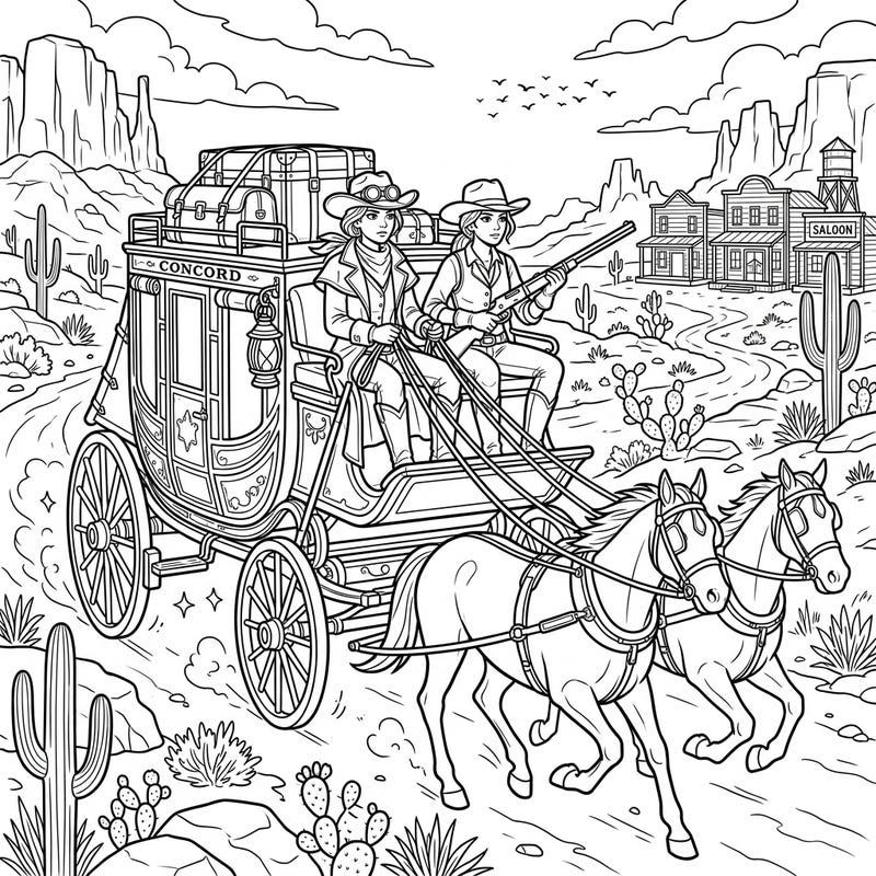 Saddle up for an exciting journey into the Old West with this dynamic stagecoach drivers coloring page! Designed for teens, it features a thrilling scene of a horse-drawn stagecoach navigating rugged terrain, ready for your creative touch.
