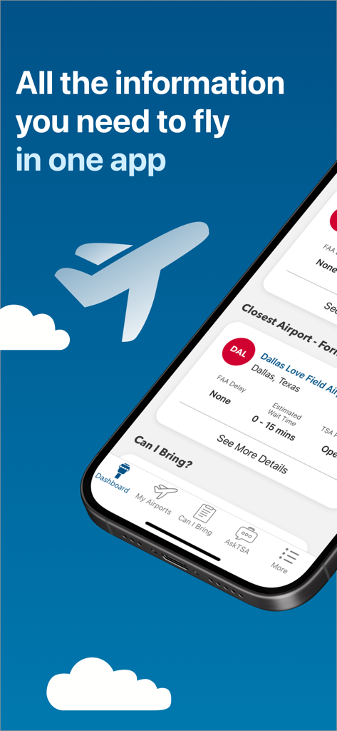 MyTSA app dashboard showing airport security wait times and flight status