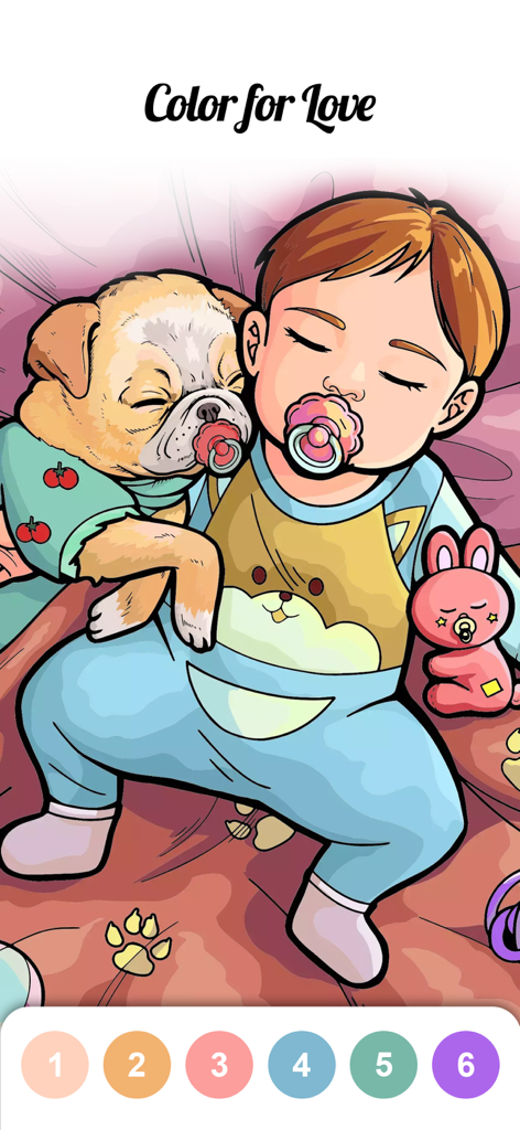Calm Color-Color By Number - A digital coloring book page showing an illustration of a sleeping baby and a puppy with pacifiers and a numbered color palette