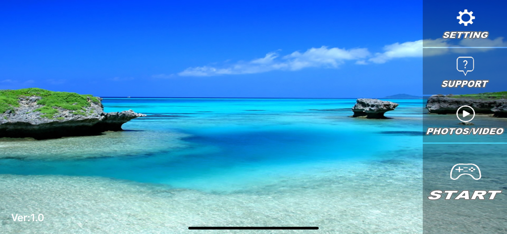 RC UFO - RC UFO drone control app main menu with tropical beach background