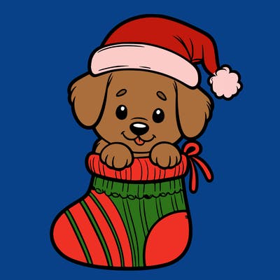 cute puppy wearing santa hat in socking