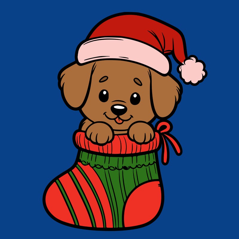 cute puppy wearing santa hat in socking
