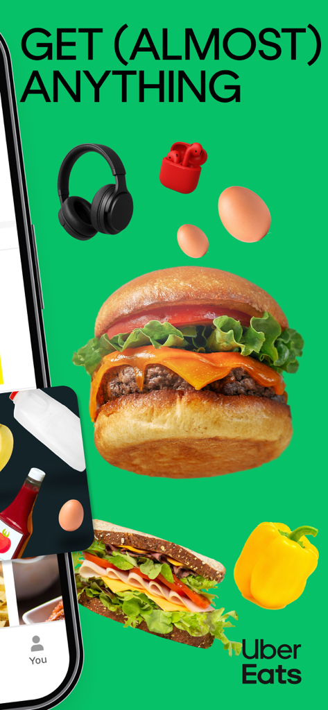 Uber Eats app promotional screen displaying a variety of items for delivery including a burger sandwich headphones and groceries
