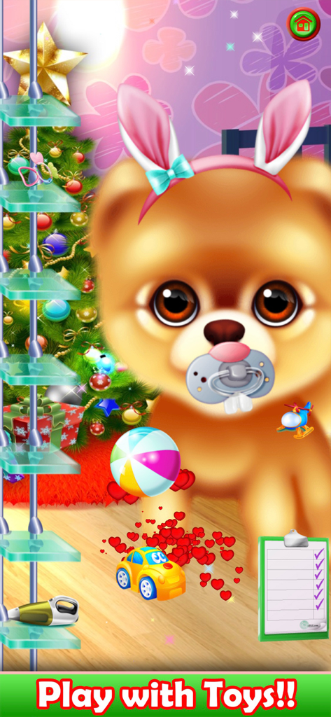 Pet Puppy Nursery Time - Um filhote de Pomerânia fofo usando orelhas de coelho e chupeta brincando com brinquedos em um berçário de Natal
