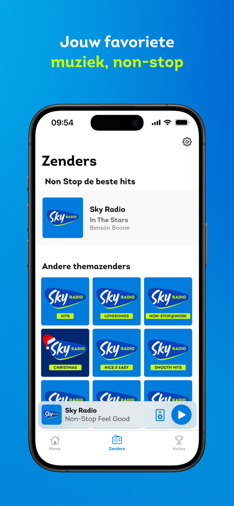 Sky Radio mobile app interface showing various themed radio stations like Christmas and Lovesongs