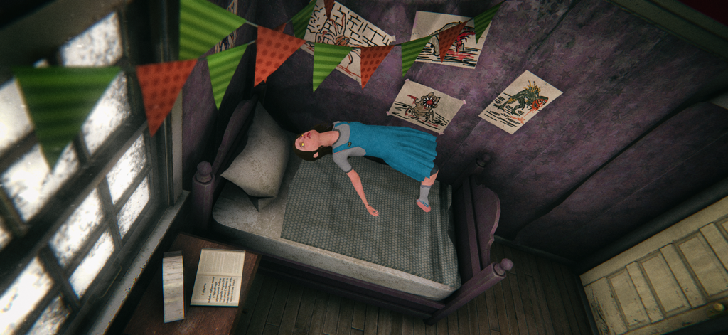 Death Park 2: Scary Clown Game - Una niña levita sobre una cama en un dormitorio espeluznante con bocetos de monstruos.