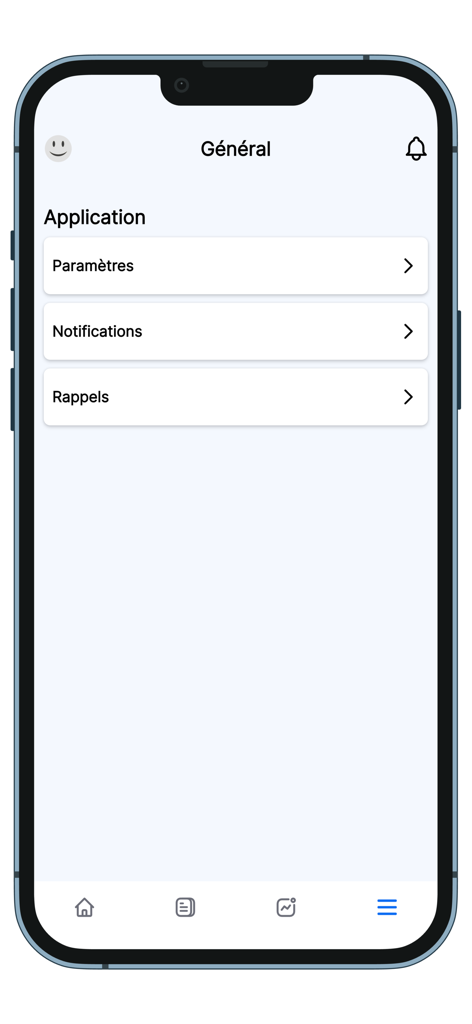 ESMIA Innovation - ESMIA Innovation app general settings interface showing options for parameters, notifications, and reminders.