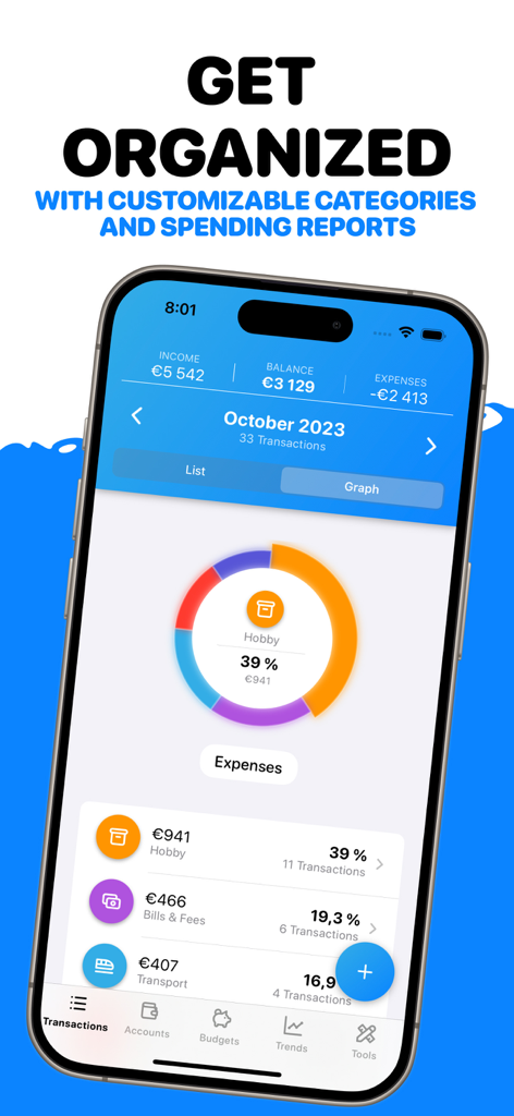 No Spend Tracker - Many - iPhone screen displaying a monthly expense donut chart and spending category breakdown in the Many app
