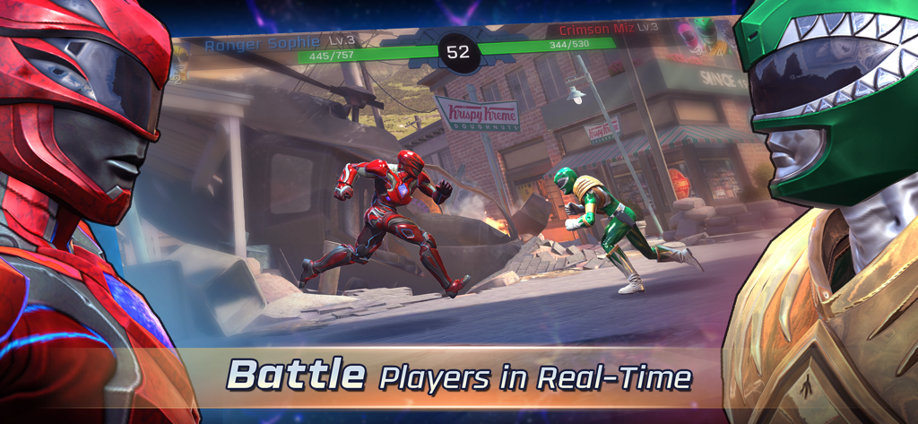 A real time PvP battle in Power Rangers Legacy Wars between the Red Ranger and Green Ranger in an urban setting.