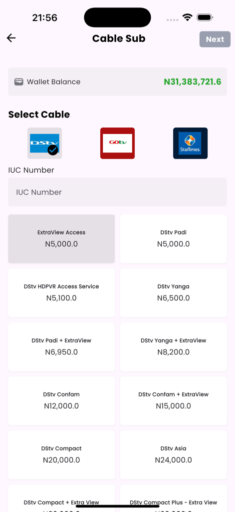 Maskawasub - Maskawasub mobile app interface for selecting and paying for cable TV subscriptions