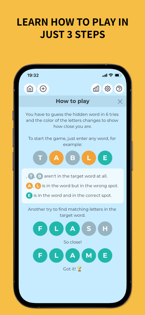 WordGrid - Guess the Word - Tutorial screen for WordGrid explaining how to play with color coded letter examples