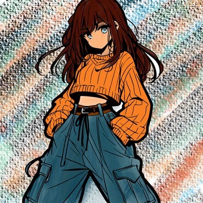 anime teen girl with baggy pants and crop top with sweater