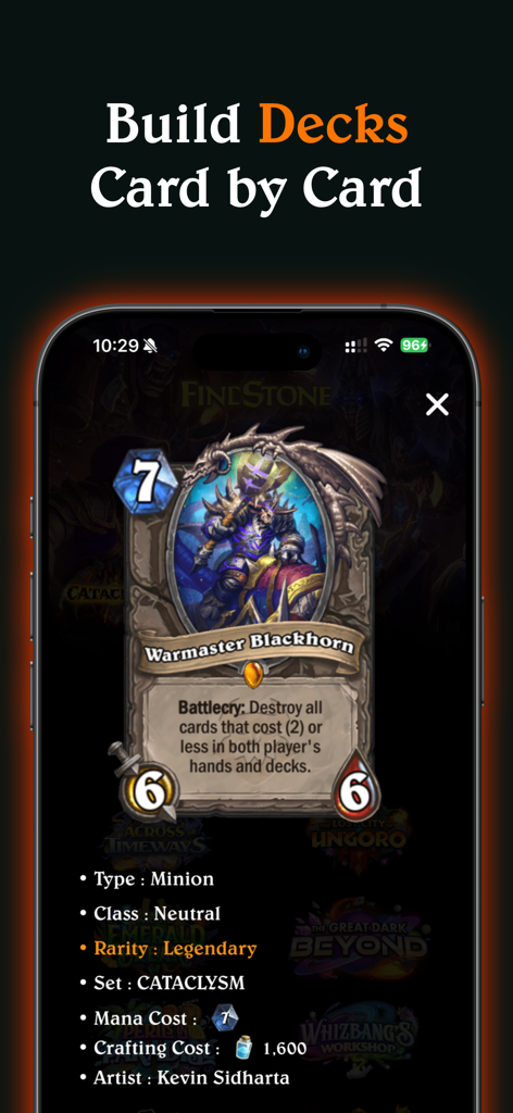 FindStone - HS Card Companion - A detailed view of a legendary Hearthstone card in the FindStone companion app showing stats and rarity