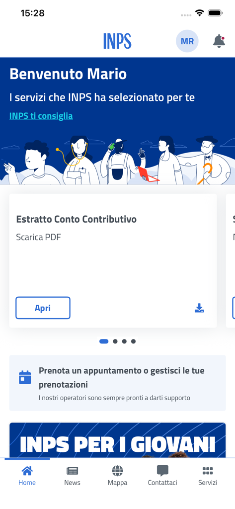 INPS mobile - Panel de control del usuario de la aplicación INPS mobile con un saludo personalizado y tarjetas de servicios de seguridad social.