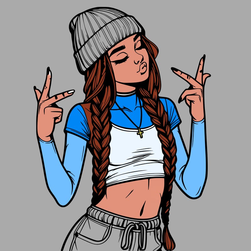 realistic teenage girl with braids and a beanie and crop top doing 🫶🏼