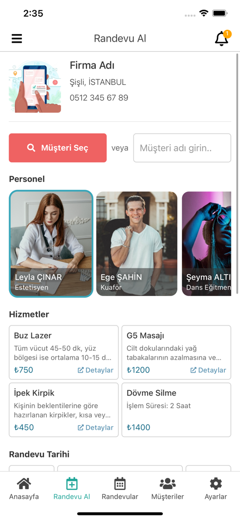 Mobile app interface showing staff selection and service categories for booking an appointment.