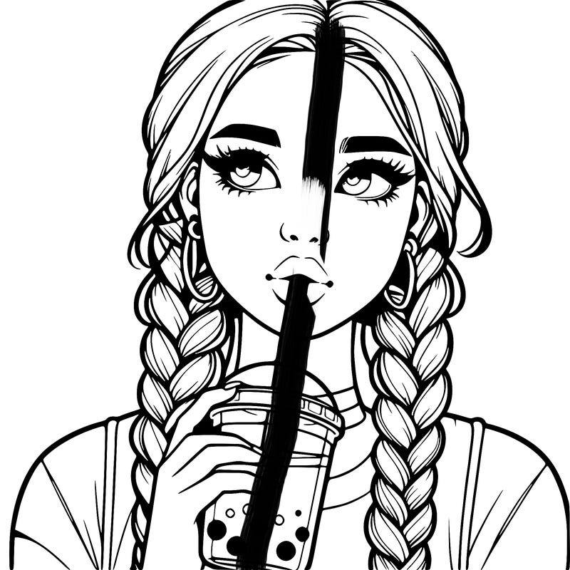 realistic girl with braided hair drinking boba