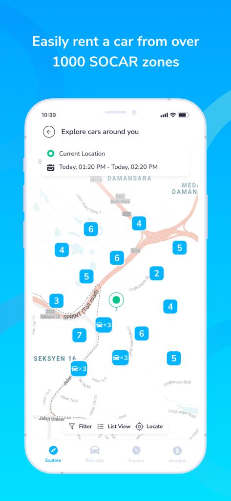 Map view showing available rental cars in different SOCAR zones across Kuala Lumpur