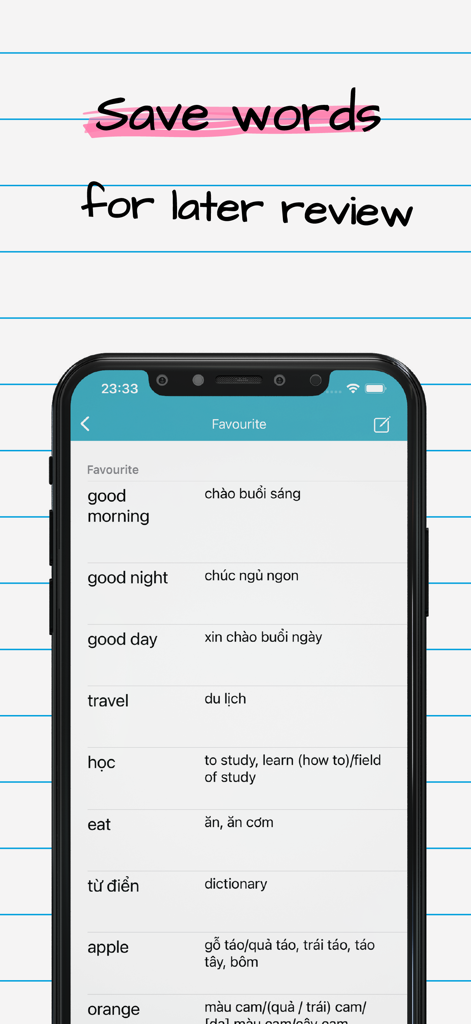 Vietnamese English Dictionary* - A mobile screen showing the Favorites feature with a list of saved English and Vietnamese words for study and review.