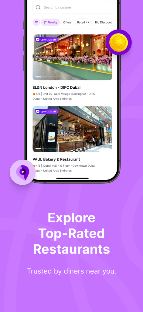 Mobile app screen showing a list of top rated restaurants with discounts in the qlub plus app