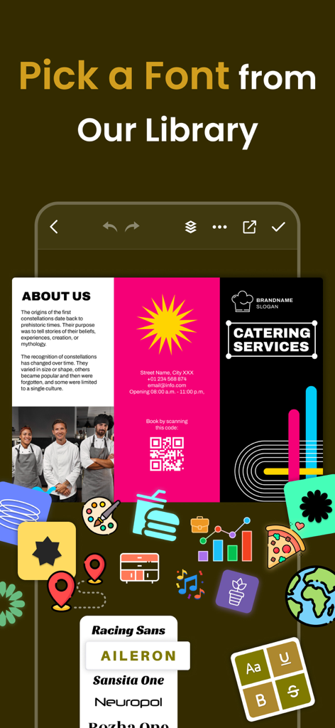Interface de um aplicativo móvel mostrando um modelo de brochura de catering com uma biblioteca de fontes profissionais e elementos gráficos para marketing DIY de negócios.