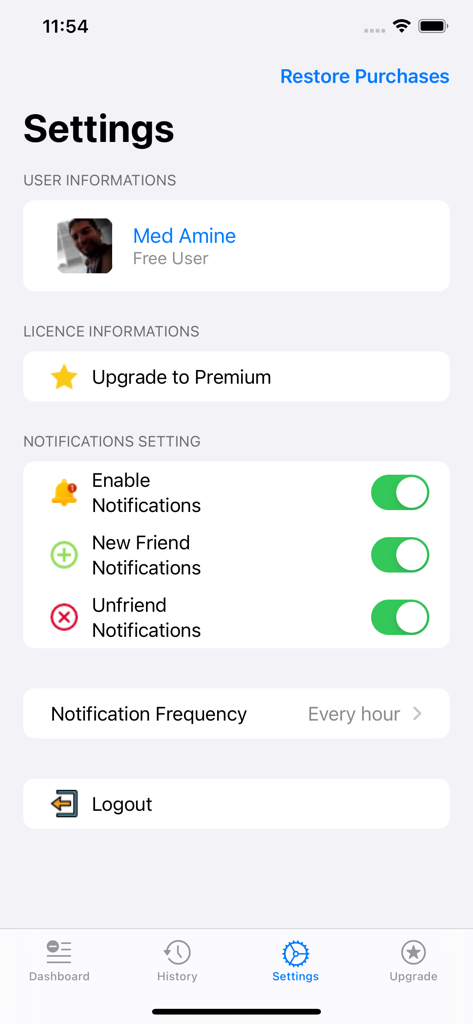 Unfriend Finder - Friend Track - The settings menu of the Unfriend Finder app showing notification toggles for new friends and unfriends