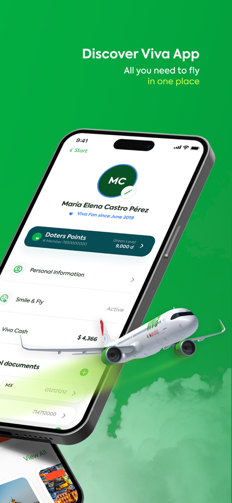 Viva Aerobus: Fly! - Pantalla del perfil de usuario en la app Viva Aerobus mostrando puntos de lealtad y detalles de la cuenta
